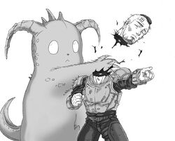  1boy :&lt; armor beard commentary creature deathclaw decapitation facial_hair fallout_(series) fallout_4 greyscale guro harahachibu_ajinosuke horns male_focus mohawk monochrome pip_boy severed_head sole_survivor_(male) violence 