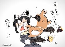  1boy anger_vein angry animal animal_ears araiguma_(bonobono) black_gloves black_hair black_ribbon blue_shirt bonobono brown_eyes cheek_press commentary_request common_raccoon_(kemono_friends) crossover d: eye_contact fangs female food full_body fur_collar gloves grey_background grey_hair highres jpeg_artifacts kemono_friends looking_at_another looking_to_the_side multicolored_clothes multicolored_gloves multicolored_hair neck_ribbon open_mouth puffy_short_sleeves puffy_sleeves raccoon_ears ribbon shiromanta shirt short_hair short_sleeves species_connection sweet_potato tears teeth trait_connection translation_request tsurime twitter_username upper_body upper_teeth_only water_drop wet white_hair 