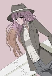  bad_id bad_twitter_id brown_hair contemporary denim eyebrows fedora female gradient_hair hat hijiri_byakuren jacket jeans long_hair long_sleeves multicolored_hair oshouyu_tabetai pants pink_background purple_eyes purple_hair smile solo sweater touhou two-tone_hair 