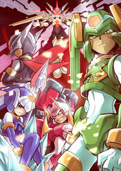  4boys android black_eyes blue_eyes capcom commentary_request copy_x_(mega_man) crop_top facial_mark fairy_leviathan_(mega_man) female fighting_fefnir_(mega_man) flying gloves green_eyes grin helmet hidden_phantom_(mega_man) highres holding holding_weapon ice mechanical_wings mega_man_(series) mega_man_zero_(series) multiple_boys polearm red_background red_eyes robot_girl sage_harpuia_(mega_man) serious sitting smile standing weapon white_gloves wings zelitto 