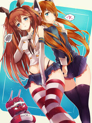  2girls black_legwear blue_eyes commentary_request cosplay elbow_gloves eyepatch gloves headgear heart innertube kantai_collection microskirt modern_afro multiple_girls neon_genesis_evangelion pleated_skirt rebuild_of_evangelion red_hair rensouhou-chan rensouhou-chan_(cosplay) school_uniform serafuku shimakaze_(kancolle) shimakaze_(kancolle)_(cosplay) skirt souryuu_asuka_langley spoken_heart spoken_squiggle squiggle striped_clothes striped_thighhighs swim_ring tenryuu_(kancolle) tenryuu_(kancolle)_(cosplay) thighhighs twintails white_gloves zettai_ryouiki 