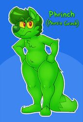  2018 acstlu angry anthro biped canid canine chest_tuft christmas english_text fluffy fluffy_tail fox fur green_body green_fur grinch hi_res holidays how_the_grinch_stole_christmas! mammal muzzle_scabs phursie pouting red_eyes tail text thick_thighs tuft yellow_sclera 