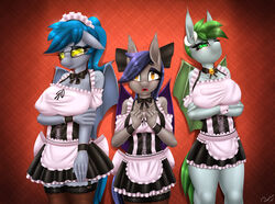  2015 absurd_res accessory anthro bat_pony bat_wings bell blue_hair bow_(feature) bow_accessory bow_ribbon clothing collar echo_(oc) equid fan_character female green_hair group hair hair_accessory hair_ribbon hairbow hasbro hi_res hybrid legwear maid_uniform mammal membrane_(anatomy) membranous_wings mosina_(oc) my_little_pony nightlight_(oc) pupils purple_hair replica_(artist) ribbons slit_pupils standing stockings thestral uniform wings 