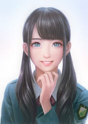  black_hair blunt_bangs commentary_request female keyakizaka46 long_hair mizuho_habu photoshop_(medium) real_life real_life_insert smile solo teeth zhenlin 