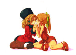  2girls blonde_hair blush boots bow commentary_request dress earrings full_body fur_hat green_eyes hat hoketsu jewelry kalinka_cossack_(mega_man) md5_mismatch mega_man_(classic) mega_man_(series) multiple_girls panties pantyhose partial_commentary ponytail rockman_xover roll_(mega_man) saliva saliva_trail simple_background underwear white_panties yuri 