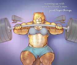  2014 abs anthro bench_press big_muscles bottomwear bra breasts closed_eyes clothing deep_navel exercise felid female gym huge_muscles hybrid hyper hyper_muscles liger lion mammal muscular muscular_anthro muscular_female navel pantherine pecs purrcules_(artist) shorts small_breasts solo thick_thighs tiger underwear vein veiny_muscles weightlifting weights workout 