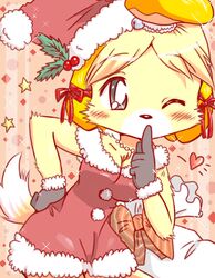  2014 animal_crossing anthro blonde_hair blush breasts canid canine canis christmas christmas_clothing christmas_headwear clothed clothing domestic_dog female fur hair hat headgear headwear heart_symbol holidays isabelle_(animal_crossing) kemono mammal nintendo noruu one_eye_closed pom_hat santa_hat shih_tzu solo toy_dog yellow_body yellow_fur 