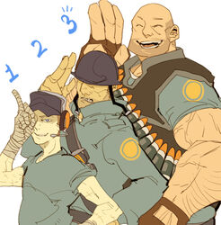  22_(tak_ja) 3boys bad_id bad_pixiv_id bald bandaged_hand bandages bandolier blu_heavy_(tf2) blu_scout_(tf2) blu_soldier_(tf2) blue_eyes closed_eyes combat_helmet covered_eyes explosive fingerless_gloves gloves grenade hat hat_over_eyes headset heavy_(tf2) height_difference helmet helmet_over_eyes m1_helmet male_focus middle_finger multiple_boys muscular open_mouth photoshop_(medium) scout_(tf2) simple_background soldier_(tf2) team_fortress_2 white_background 