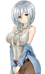  alternate_costume alternate_hairstyle bare_shoulders belt blue_eyes blush breasts commentary_request cosplay ellen_baker ellen_baker_(cosplay) eyes_visible_through_hair female grey_hair hair_ornament hair_over_one_eye hairclip hamakaze_(kancolle) jacket kantai_collection large_breasts long_sleeves looking_at_viewer new_horizon open_clothes open_jacket shirt short_hair simple_background sin_(kami148) skirt sleeveless smile solo v_arms white_background 