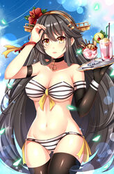  :d aata1007 alternate_costume anchor anchor_choker armband ass_visible_through_thighs bandeau bare_shoulders bendy_straw bikini black_gloves black_hair black_thighhighs blue_sky bracelet breasts brown_eyes candy cherry chocolate chocolate_bar choker cloud collarbone commentary_request cowboy_shot cup day drink drinking_glass drinking_straw elbow_gloves eyebrows female flower food front-tie_bikini_top front-tie_top fruit glass gloves glowing groin hair_between_eyes hair_flower hair_ornament hairband hairclip haruna_(kancolle) haruna_kai_ni_(kancolle) headgear hibiscus highres holding holding_own_hair ice ice_cream ice_cream_float ice_cube jewelry kantai_collection large_breasts lemon lemon_slice lens_flare long_hair looking_at_viewer mint navel open_mouth red_flower ribbon shade side-tie_bikini_bottom single_glove sky smile solo spoon stomach strapless strawberry striped_bikini striped_clothes summer sundae swimsuit tan tanlines thighhighs tray tropical_drink underboob very_long_hair wafer_stick wind yellow_eyes yellow_ribbon 