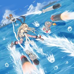  &gt;_&lt; 2girls aircraft airplane anchor bandages black_panties blonde_hair boots brown_eyes brown_hair closed_eyes cloud commentary_request day elbow_gloves explosion folded_ponytail gloves hair_ornament hair_ribbon highres inazuma_(kancolle) injury innertube kantai_collection machinery multiple_girls mumyuu navel o_o ocean one_eye_closed outdoors panties rensouhou-chan ribbon shimakaze_(kancolle) ship sky striped_clothes striped_thighhighs sweatdrop swim_ring tears thighhighs torn_clothes torpedo triangle_mouth turret underwear water watercraft yellow_eyes 