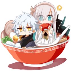  ! 1boy anastasia_(fate) blue_eyes bowl chibi commentary_request eating egg fate/grand_order fate_(series) female food hairband kadoc_zemlupus meandros mini_person miniboy minigirl no_nose noodles ramen shio_kuzumochi spoken_exclamation_mark yellow_eyes 