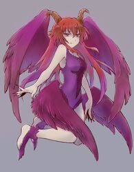  akura_(arc_the_lad) arc_the_lad arc_the_lad_ii bare_shoulders breasts commentary_request female fingernails horns leotard long_hair medium_breasts multiple_wings purple_leotard red_eyes red_hair red_leotard sharp_fingernails smile solo surume_(surume_8738) wings 