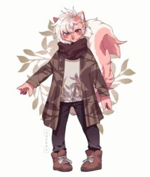  2018 5_fingers ambiguous_gender anthro boots bottomwear brown_clothing cheek_tuft claws clothed clothing coat digital_media_(artwork) ear_piercing facial_tuft fingers fluffy fluffy_tail footwear full-length_portrait fur hair leaf looking_at_viewer mammal mephitid orange_eyes pants pawpads piercing pigeon_toed pink_body pink_fur pink_nose plant ponytail portrait pose scarf shirt shoes signature simple_background skunk smile solo standing tail topwear tuft white_background white_body white_fur white_hair zuekrz 