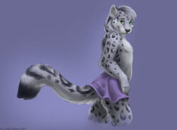  2014 anthro biped black_tail_tip bottomwear clothed clothing crossdressing curiodraco dipstick_tail felid femboy fur hair looking_at_viewer male mammal markings mars_(thequeenofmars) multicolored_tail pantherine shy side_view signature simple_background skirt smile snow_leopard solo spots spotted_body spotted_fur standing tail tail_markings topless 