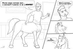  3:2 centaur clothing costume costume_transformation dialogue english_text equid equid_taur european_mythology greek_mythology growth hooves human humanoid_taur line_art magic male mammal mammal_taur monochrome mythology nisharu snout snout_growth solo taur text transformation 