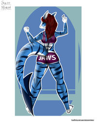  4:5 anthro ass athletic athletic_anthro athletic_female athletic_wear biped butt_pose digital_media_(artwork) female fish green_eyes hair hi_res marine multicolored_body multicolored_skin pose red_hair shaded shark skylosminkan solo standing two_tone_body two_tone_skin valerie_strypes 