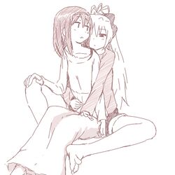  2girls :o akemi_homura arm_around_waist barefoot black_hair bow casual commentary_request hairbow hand_on_another&#039;s_leg hand_on_another&#039;s_thigh indian_style long_hair long_skirt looking_back mahou_shoujo_madoka_magica mahou_shoujo_madoka_magica_(anime) monochrome multiple_girls parted_lips sakura_kyoko shorts simple_background sitting sitting_on_lap sitting_on_person skirt soles spread_legs toes uasi white_background yuri 