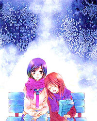  2girls bag bench blue_background blush bookbag cardigan closed_eyes commentary_request girl_friends_(manga) holding kumakura_mariko leaning_on_person marker_(medium) multiple_girls oohashi_akiko painting_(medium) pink_hair purple_hair scarf school_uniform short_hair sitting sleeping smile swept_bangs traditional_media watercolor_(medium) yotsuhara_furiko yuri 