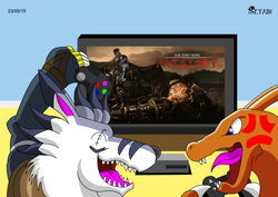  2015 absurd_res angry anthro bandai_namco canid canine charizard controller crossover digimon digimon_(species) dragon dualshock dualshock_4 duo electronics game_console game_controller game_screen gaming generation_1_pokemon happy hi_res holding_controller holding_game_controller holding_object male mammal mortal_kombat mortal_kombat_x multiplayer mythological_creature mythological_scalie mythology nintendo orange_body orange_skin playing_video_game playstation playstation_4 playstation_controller pokemon pokemon_(species) raised_arm raised_hand scalie screencap sony_corporation sony_interactive_entertainment sub-zero television torr_(mortal_kombat_x) weregarurumon wireless_controller zetaby2594 