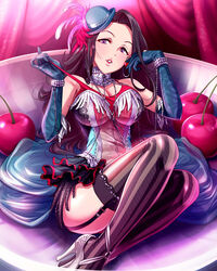  artist_request black_hair black_thighhighs breasts cleavage elbow_gloves female garter_straps gloves high_heels idolmaster idolmaster_cinderella_girls large_breasts long_hair looking_at_viewer official_art purple_eyes solo striped_clothes striped_thighhighs takahashi_reiko thighhighs vertical-striped_clothes vertical-striped_thighhighs 