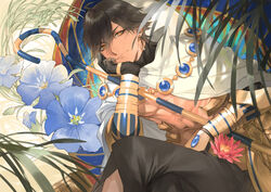  1boy absurdres ahoge black_gloves black_legwear brown_hair cape commentary_request crossed_legs dark-skinned_male dark_skin earrings fate/grand_order fate_(series) flower gauntlets gloves hair_between_eyes hand_on_own_cheek hand_on_own_chin hand_on_own_face highres jewelry looking_at_viewer ozymandias_(fate) scepter seomouse short_hair sitting smile yellow_eyes 