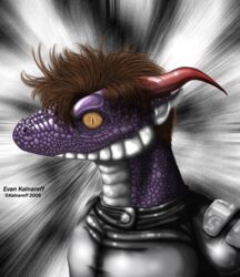  2009 anthro armor black_background brown_hair clothed clothing dragon english_text grey_background hair horn kalnareff kalnareff_(character) looking_at_viewer male mythological_creature mythological_scalie mythology pupils purple_body purple_scales realistic scales scalie simple_background slit_pupils solo text white_background white_body white_scales yellow_eyes 