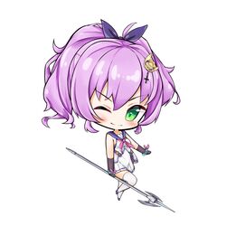  ;) azur_lane big_head black_gloves blue_footwear blush breasts chibi commentary_request crown elbow_gloves female gloves green_eyes hair_between_eyes hair_ornament hair_ribbon head_tilt highres holding holding_javelin javelin_(azur_lane) javelin_(retrofit)_(azur_lane) javelin_(spear) limitlimlim looking_at_viewer mini_crown name_connection object_namesake one_eye_closed pleated_skirt ponytail purple_hair purple_ribbon purple_sailor_collar ribbon sailor_collar shirt simple_background skirt sleeveless sleeveless_shirt small_breasts smile solo thighhighs tilted_headwear v-shaped_eyebrows white_background white_shirt white_skirt white_thighhighs 