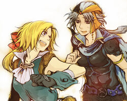  2girls armor asakura_noi bad_id bad_pixiv_id blonde_hair dissidia_final_fantasy final_fantasy final_fantasy_ii final_fantasy_ix firion genderswap_(mtf) gloves long_hair multiple_girls rule_63 short_hair white_background zidane_tribal 