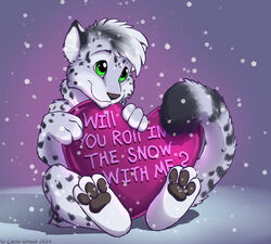  2014 3_toes ambiguous_gender anthro curiodraco daww digitigrade dipstick_tail english_text feet felid fur hair holding_object holidays mammal markings mars_(thequeenofmars) multicolored_tail nude pantherine pawpads shy signature sitting smile snow snow_leopard snowing solo spots spotted_body spotted_fur tail tail_markings text toes valentine&#039;s_day 