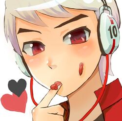  1boy albedo_(ben_10) albino bad_id bad_pixiv_id ben_10 ben_10:_alien_force blush finger_to_mouth headphones heart jacket lowres male_focus portrait red_eyes say_show solo white_hair 