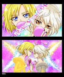  2boys antenna_hair bad_id bad_pixiv_id bicine_(precure) blonde_hair blue_eyes bob_cut commentary_request earrings fingernails henshin holding_hands hugtto!_precure jewelry long_fingernails male_focus multiple_boys parody pearl_earrings precure reira_(reomimi0211) wakamiya_henri 