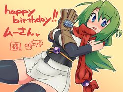  black_thighhighs blue_eyes blush borrowed_character breasts commentary_request coso-ri elbow_gloves female gloves green_hair large_breasts obi original sash scarf solo thighhighs translation_request yunomiya_agari 