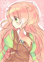  bad_id bad_pixiv_id buttons female green_eyes green_shirt jinrui_wa_suitai_shimashita long_hair neck_ribbon nekoto_rina pink_background pink_hair profile ribbon shirt vest watashi_(jintai) 