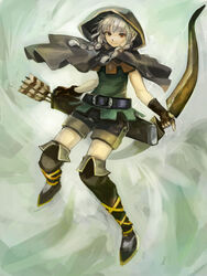  arrow_(projectile) belt boots bow_(weapon) braid brown_eyes brown_shorts cloak commentary_request dragon&#039;s_crown elf elf_(dragon&#039;s_crown) female gloves grey_hair highres hood hooded_cloak long_hair looking_at_viewer nd photoshop_(medium) pointy_ears shorts smile solo thigh_boots thighhighs twin_braids weapon 