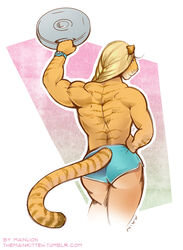  2014 anthro back_muscles blonde_hair blue_eyes bottomwear clock clothed clothing exercise felid female hair hybrid keely_(character) liger lion looking_at_viewer looking_back mammal markings muscular muscular_anthro muscular_female pantherine partially_clothed purrcules_(artist) rear_view shorts solo standing tiger topless watch weightlifting weights workout 