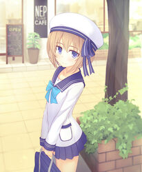  bag blanc_(neptunia) blue_eyes blue_skirt blush brown_hair commentary_request female fuji_kakei hat looking_at_viewer neptune_(series) school_uniform short_hair skirt smile solo 