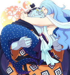  2012 abstract_background animal_humanoid blush bridal_carry carrying_another closed_eyes clothed clothing duo fish fish-men_(one_piece) fish_humanoid fukaboshi hug humanoid jinbe jinbei_(clothing) male male/male marine marine_humanoid membrane_(anatomy) merfolk muscular ntm obese one_piece overweight romantic romantic_ambiance romantic_couple scar split_form tattoo topless tusks webbed_hands 