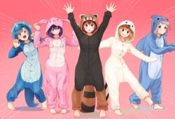  5girls :&lt; :d animal_costume animal_ears arms_up barefoot blue_hair blush brown_eyes brown_hair claw_pose closed_mouth commentary_request dinosaur_costume emphasis_lines fake_animal_ears fake_horns green_eyes grin hair_ornament hairclip hand_on_own_ear horns ibuki_tsubasa idolmaster idolmaster_million_live! kamille_(vcx68) kasuga_mirai leaning_to_the_side leg_up light_frown long_hair long_sleeves looking_at_viewer makabe_mizuki mochizuki_anna multiple_girls nanao_yuriko nose_blush open_mouth outstretched_arms penguin_costume pigeon-toed pink_background pom_pom_(clothes) pulling_own_ear purple_hair rabbit_costume rabbit_ears red_eyes red_hair shark_costume short_hair simple_background smile speed_lines standing standing_on_one_leg tanuki_costume tareme teeth toe_scrunch v-shaped_eyebrows yellow_eyes 