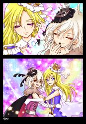  2boys bad_id bad_pixiv_id bicine_(precure) black_nails blonde_hair commentary_request crown fingernails fur_trim gem henshin highres holding_hands hugtto!_precure long_fingernails long_hair magical_boy male_focus multiple_boys nail_polish parody precure reira_(reomimi0211) smile wakamiya_henri 