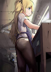  absurdres apron ass black_pantyhose blonde_hair blue_apron blue_eyes bug cabinet ceiling ceiling_fan cleaning closed_mouth commentary_request female from_below girls&#039;_frontline highres hongshao_tang_gua indoors lens_flare long_hair note panties panties_under_pantyhose pantyhose photoshop_(medium) plate see-through shirt short_sleeves silk smile soap_bubbles solo spider spider_web standing super-shorty_(girls&#039;_frontline) trash_can underwear very_long_hair wet wet_clothes wet_shirt white_panties white_shirt 