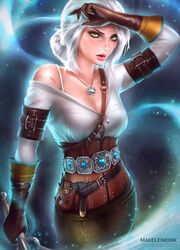  arm_at_side arm_up artist_name bad_deviantart_id bad_id between_breasts breasts brown_gloves ciri deviantart_username elbow_gloves eyelashes female freckles gloves green_eyes highres holding holding_weapon jewelry lips long_sleeves looking_at_viewer madeleine_bellwoar medium_breasts necklace nose off_shoulder open_mouth parted_lips photoshop_(medium) pink_lips scar scar_on_face shirt short_hair solo space standing star_(sky) strap_between_breasts the_witcher_(series) the_witcher_3 watermark weapon web_address white_hair white_shirt witcher_medallion 