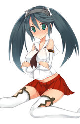  aqua_eyes bad_id bad_pixiv_id black_hair blush breast_hold breasts crossed_arms detached_sleeves female hair_ribbon hairband highres hukasikasi isuzu_(kancolle) isuzu_kai_ni_(kancolle) kantai_collection large_breasts long_hair looking_at_viewer midriff ribbon sitting skirt solo thighhighs twintails 