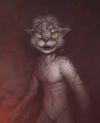  2018 a_story_with_a_known_end angry anthro blood bodily_fluids cheetah digital_media_(artwork) digital_painting_(artwork) felid feline fur glistening glistening_eyes gore green_eyes half-length_portrait hi_res lone looking_at_viewer magic magic_user male mammal markings nude open_mouth portrait shaded signature simple_background sint_(hfd4) smaller_version_at_source smile solo spots spotted_body spotted_fur standing teeth twymouse wounded 