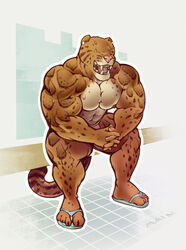  2014 abs anthro areola benji_(mainlion) big_muscles closed_eyes clothed clothing clouded_leopard countershading ear_piercing fangs felid footwear huge_muscles hyper hyper_muscles jockstrap male mammal markings muscular muscular_anthro muscular_male nipples pantherine partially_clothed pecs piercing purrcules_(artist) sandals smile solo teeth thick_thighs underwear 