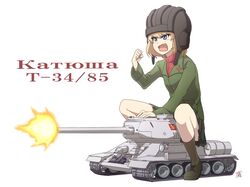  blonde_hair blue_eyes character_name commentary_request emblem female girls_und_panzer hairband katyusha_(girls_und_panzer) military military_vehicle motor_vehicle oerba_yun_fang pravda_(emblem) pravda_school_uniform russian_text school_uniform shao_(newton) short_hair solo t-34 t-34-85 tank translated 