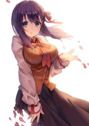  :o bad_id bad_pixiv_id black_skirt blush breasts brown_vest collared_shirt dissolving fate/stay_night fate_(series) female floral_dissolve hair_ribbon homurahara_academy_school_uniform long_hair long_skirt long_sleeves looking_at_viewer matou_sakura medium_breasts neck_ribbon oninaart parted_lips petals purple_eyes purple_hair red_ribbon ribbon school_uniform shirt simple_background skirt solo tareme vest white_background white_shirt wing_collar 