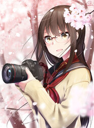  :d blurry blurry_background blurry_foreground blush brown_hair buckle camera canon_(company) cardigan cherry_blossoms commentary_request depth_of_field female flower glasses highres holding holding_camera long_hair long_sleeves looking_at_viewer neckerchief nekobaka open_mouth original over-rim_eyewear petals pink_flower red-framed_eyewear red_neckerchief school_uniform semi-rimless_eyewear serafuku sleeves_past_wrists smile solo spring_(season) tree two-handed upper_body yellow_cardigan 