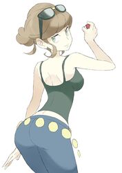  ass beauty_(pokemon) brown_hair female glasses green_eyes looking_at_viewer looking_back npc npc_trainer poke_ball pokemon pokemon_(game) pokemon_xy simple_background solo souji white_background 