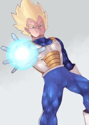  1boy armor big_bang_attack blonde_hair commentary_request dragon_ball dragon_ball_z highres male_focus saiyan_armor smile solo spiked_hair super_saiyan super_saiyan_1 tesshii_(riza4828) vegeta 